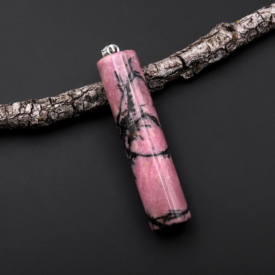 Natural Pink Black Rhodonite Long Cylinder Pendant Natural Crystal Focal Bead