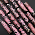 Natural Pink Black Rhodonite Long Cylinder Pendant Natural Crystal Focal Bead