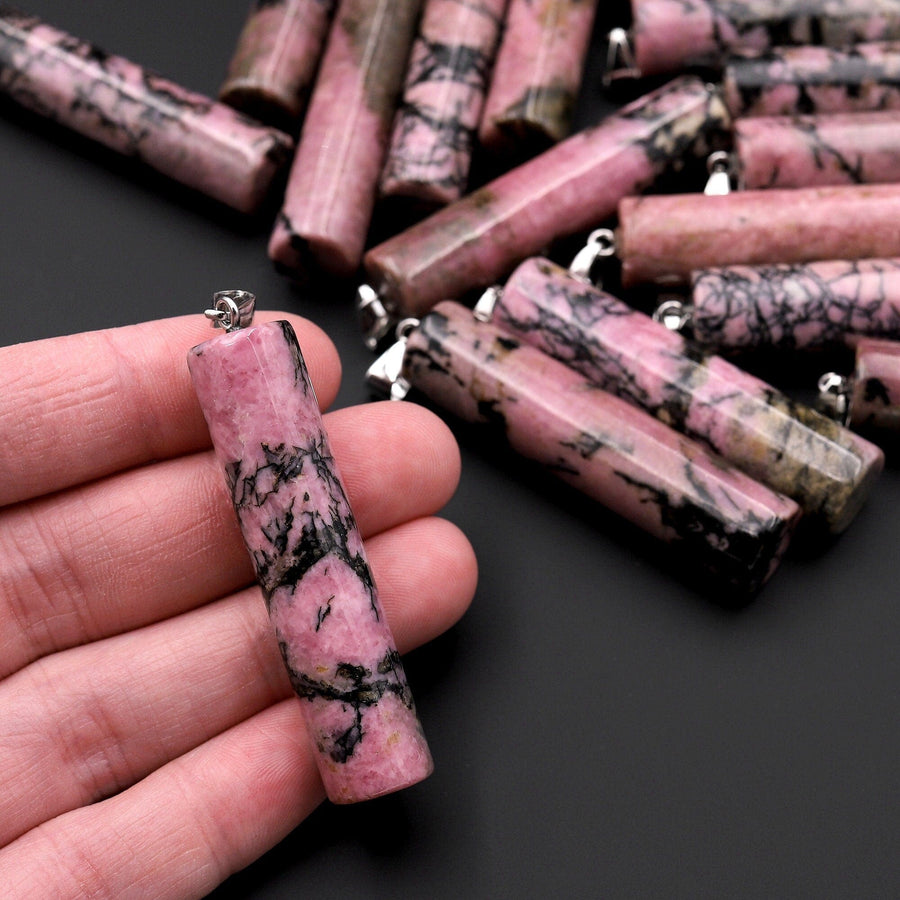 Natural Pink Black Rhodonite Long Cylinder Pendant Natural Crystal Focal Bead