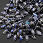 Natural Blue Labradorite Beads Small Leaf Teardrop Earring Beads Top Side Drilled Tons of Dark Blue Flashes 15.5" Strand