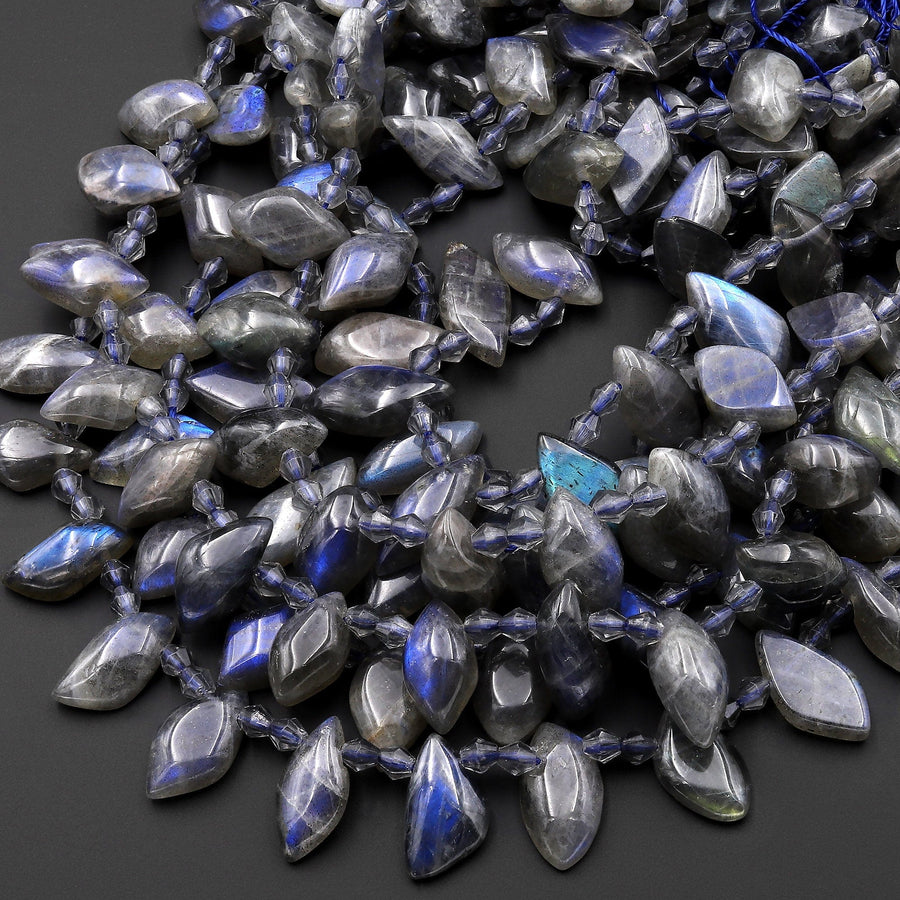 Natural Blue Labradorite Beads Small Leaf Teardrop Earring Beads Top Side Drilled Tons of Dark Blue Flashes 15.5" Strand