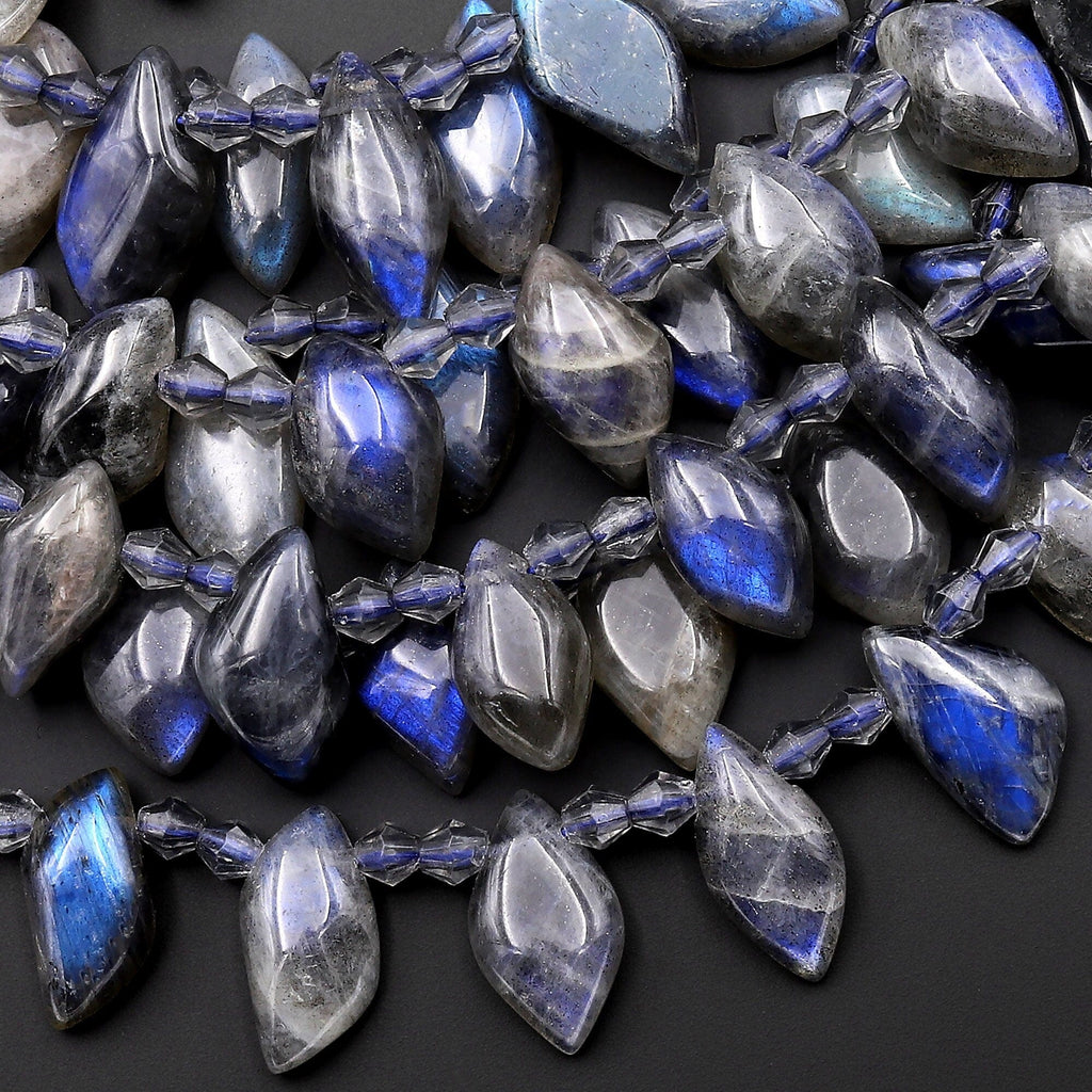 Natural Blue Labradorite Beads Small Leaf Teardrop Earring Beads Top Side Drilled Tons of Dark Blue Flashes 15.5" Strand