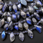 Natural Blue Labradorite Beads Small Leaf Teardrop Earring Beads Top Side Drilled Tons of Dark Blue Flashes 15.5" Strand