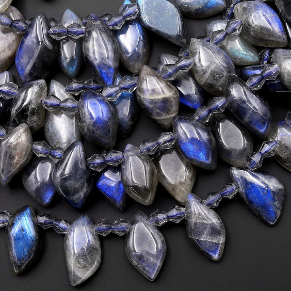 Natural Blue Labradorite Beads Small Leaf Teardrop Earring Beads Top Side Drilled Tons of Dark Blue Flashes 15.5" Strand