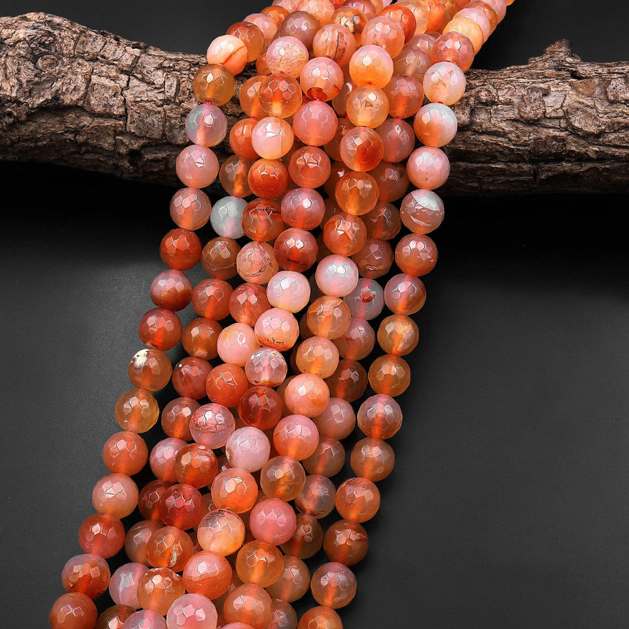 Faceted Natural Peach Orange Carnelian 10mm Round Beads 15.5" Strand