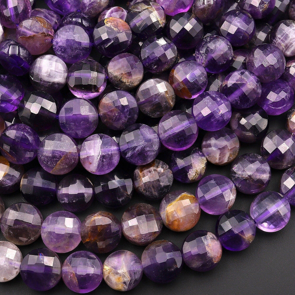 Natural Purple Phantom Amethyst Faceted Coin 6mm 8mm 10mm 15.5" Strand