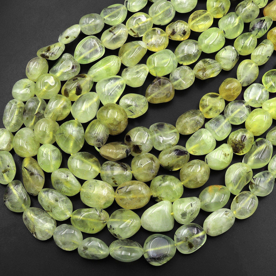 Natural Yellow Green Prehnite Freeform Rounded Nugget Pebble Beads 15.5" Strand