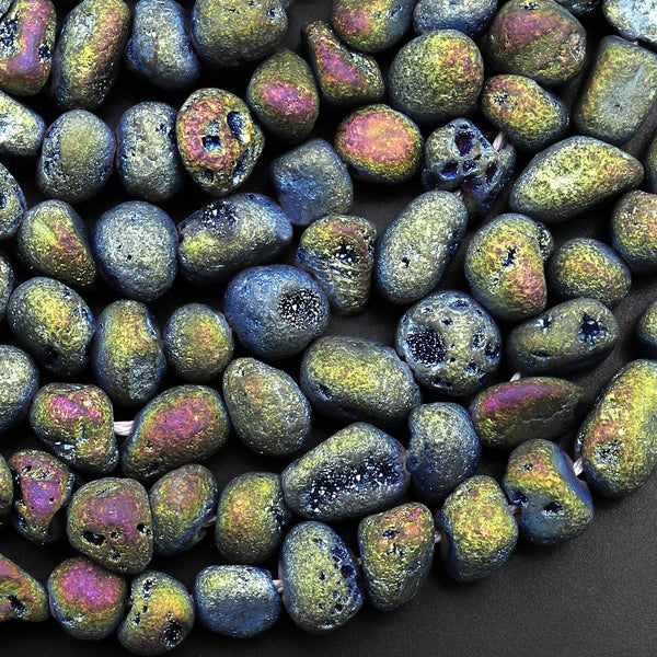 Rainbow Druzy Agate 8mm Nugget Beads With Sparkling Quartz Crystal Cave 15.5" Strand