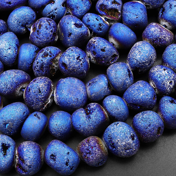 Blue Purple Druzy Agate 10mm Nugget Beads With Sparkling Quartz Crystal Cave 15.5" Strand