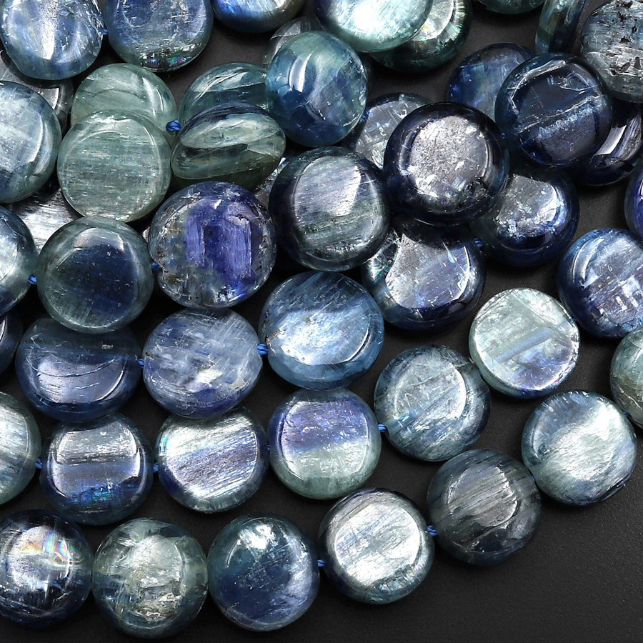 Rare Bicolor Natural Silvery Blue Green Kyanite 10mm Smooth Coin Beads 15.5" Strand