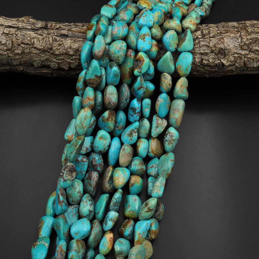 Real Genuine Natural Green Blue Golden Turquoise Freeform Nugget Pebble Beads 15.5" Strand