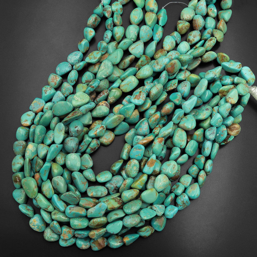 Real Genuine Natural Vibrant Green Blue Golden Turquoise Freeform Nugget Pebble Beads 15.5" Strand