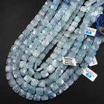 Natural Blue Aquamarine Beads Faceted Square Cushion 12mm Beads 15.5" Strand