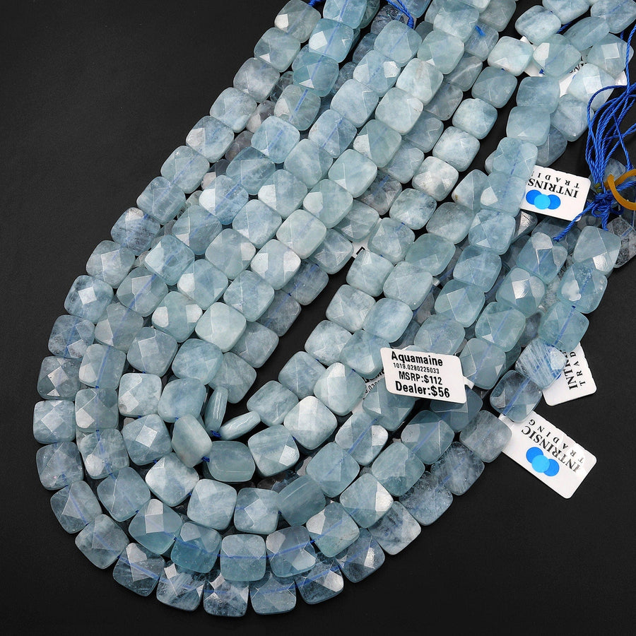 Natural Blue Aquamarine Beads Faceted Square Cushion 12mm Beads 15.5" Strand