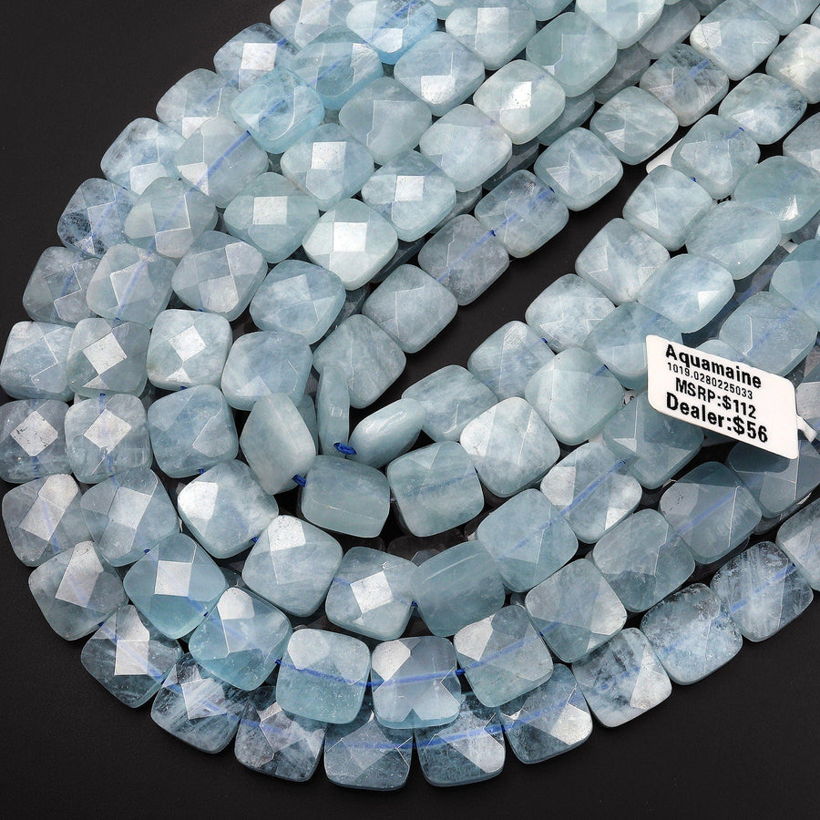 Natural Blue Aquamarine Beads Faceted Square Cushion 12mm Beads 15.5" Strand