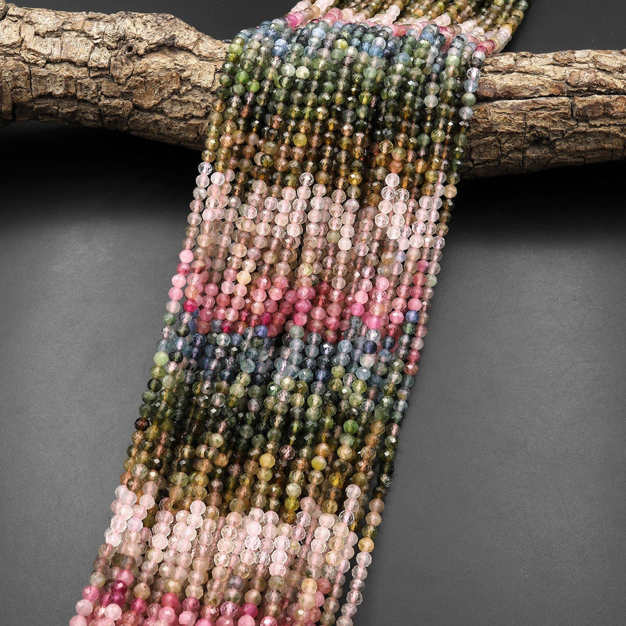 Natural Rainbow Tourmaline Micro Faceted 4mm Round Multicolor Pink Green Blue Cognac Gemstone Beads 15.5" Strand