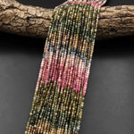 Natural Rainbow Tourmaline Micro Faceted 2mm Round Multicolor Pink Green Blue Cognac Gemstone Beads 15.5" Strand