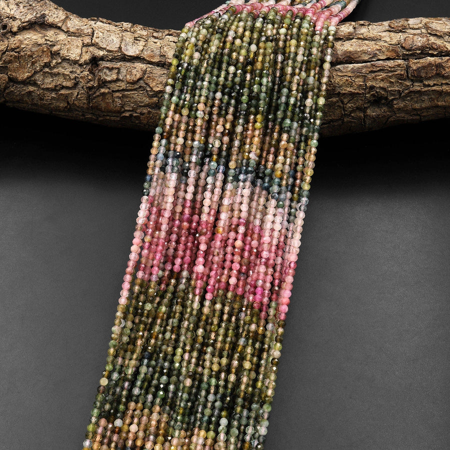 Natural Rainbow Tourmaline Micro Faceted 2mm Round Multicolor Pink Green Blue Cognac Gemstone Beads 15.5" Strand