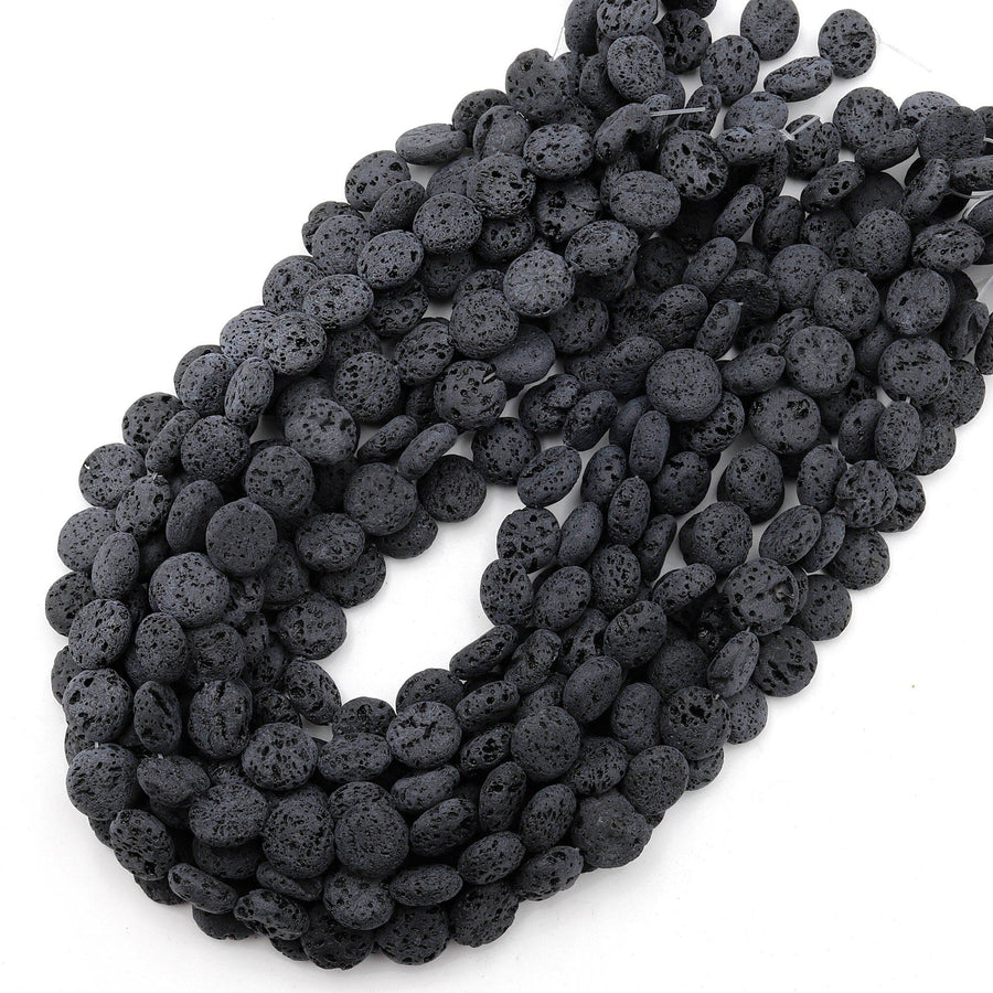 Unwaxed Natural Black Lava Coin Beads Volcanic Black Lava Stone Good for Essential Oil 15.5" Strand