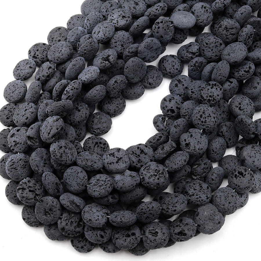 Unwaxed Natural Black Lava Coin Beads Volcanic Black Lava Stone Good for Essential Oil 15.5" Strand