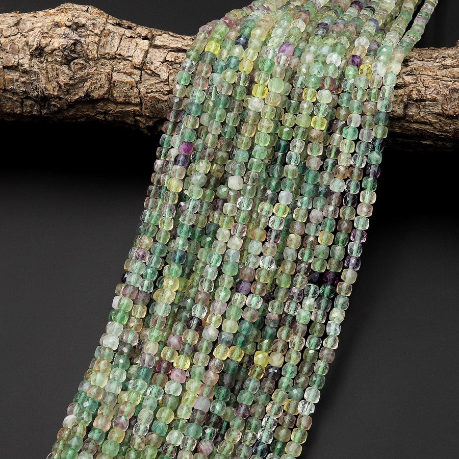 Natural Fluorite Faceted 4mm Cube Square Dice Beads Purple Yellow Green Gemstone 15.5" Strand