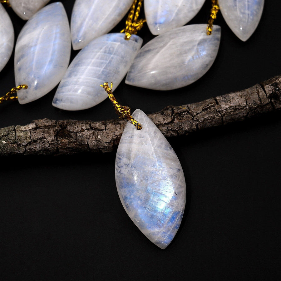 Natural Rainbow Moonstone Marquise Leaf Pendant Drilled Gemstone Focal Bead A3