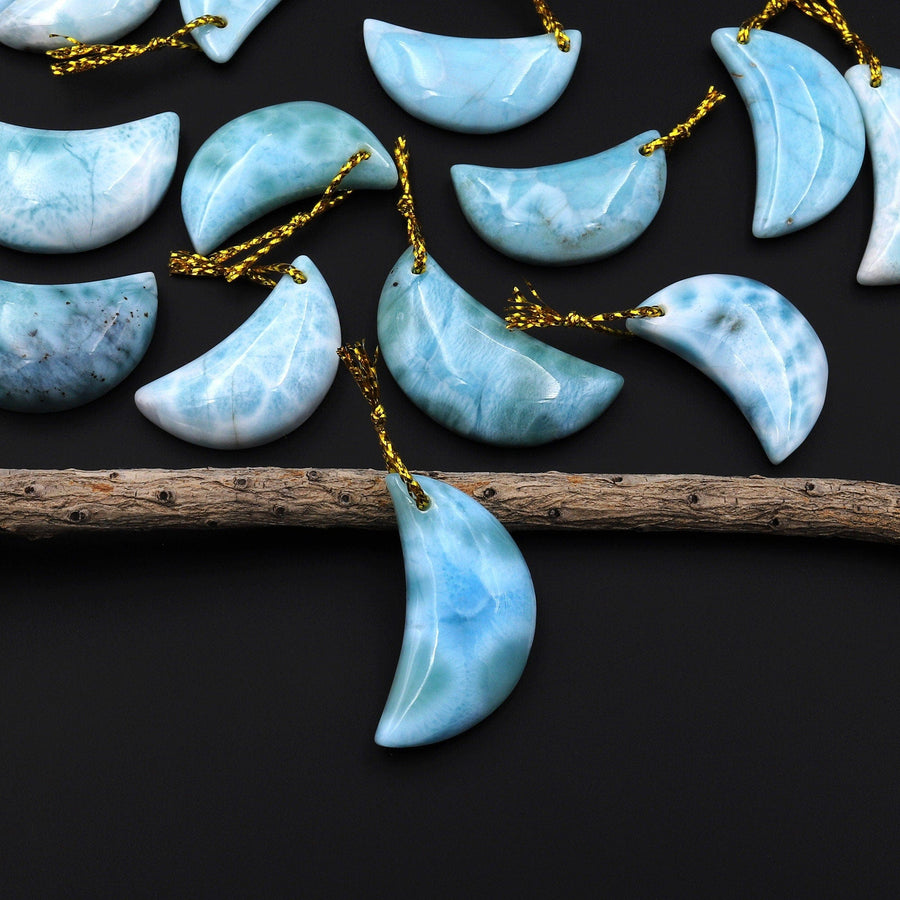 Natural Blue Larimar Moon Pendant Drilled Genuine Real Blue Larimar Gemstone Focal Bead