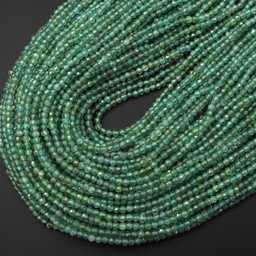 Rare Natural Aqua Teal Green Apatite 2mm 3mm Faceted Round Beads 15.5" Strand