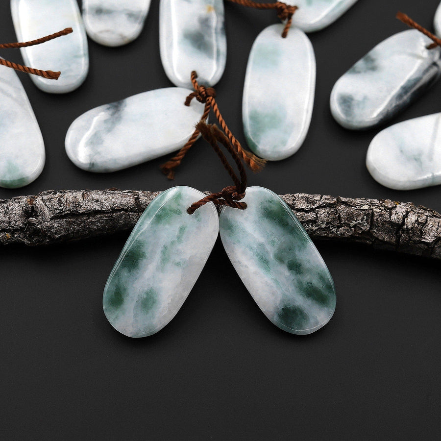 Real Genuine Natural Burma Jade Green Long Oval Earring Pair Gemstone Matched Beads