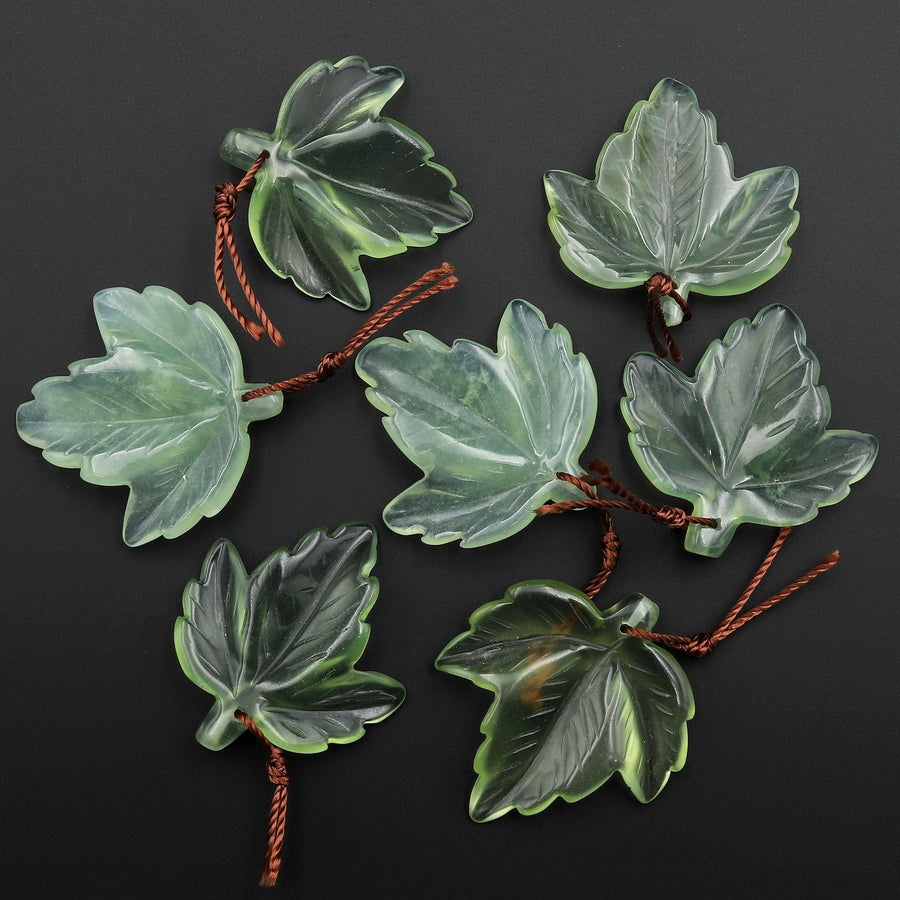AAA Hand Carved Translucent Natural Green Serpentine Jade Maple Leaf Pendant Bead Drilled Gemstone