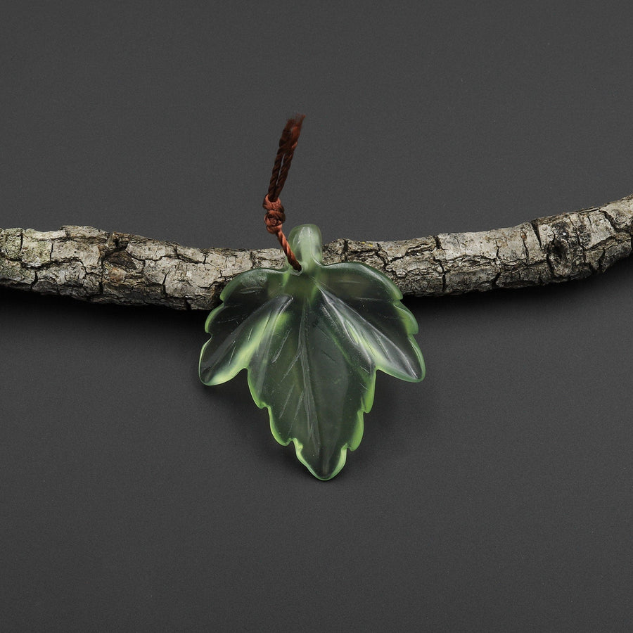 AAA Hand Carved Translucent Natural Green Serpentine Jade Maple Leaf Pendant Bead Drilled Gemstone