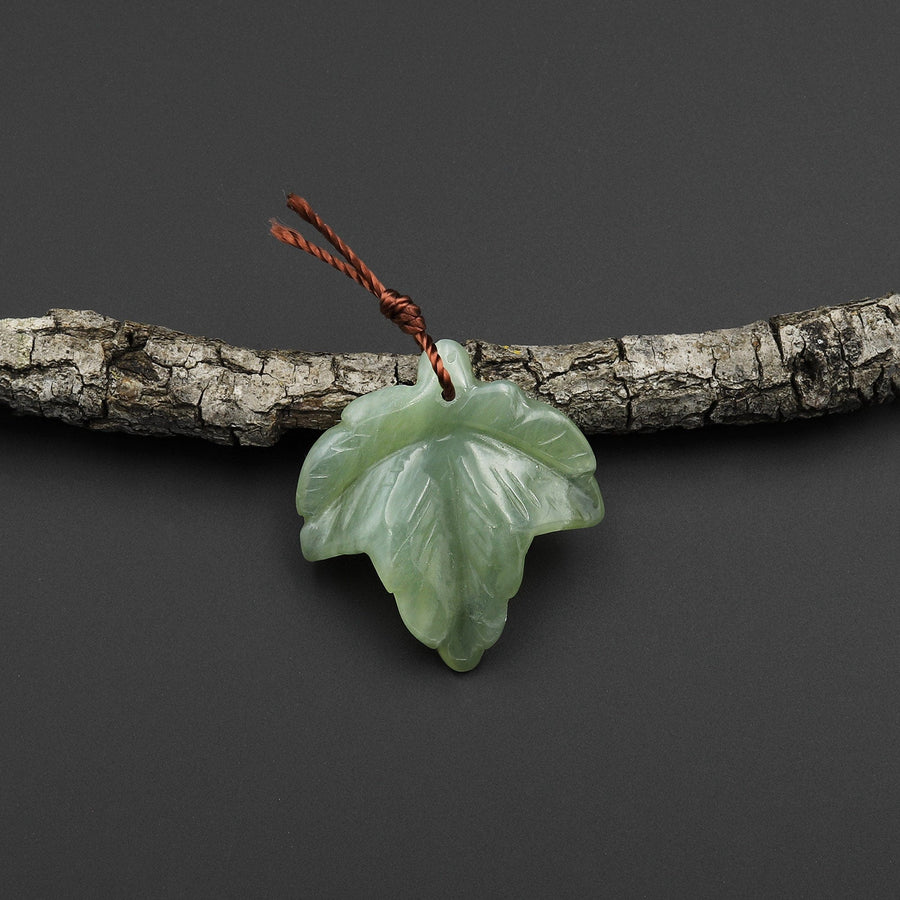 AAA Hand Carved Translucent Natural Green Serpentine Jade Maple Leaf Pendant Bead Drilled Gemstone