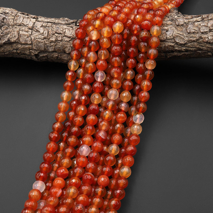 Faceted Natural Orange Red Carnelian 8mm Round Beads 15.5" Strand