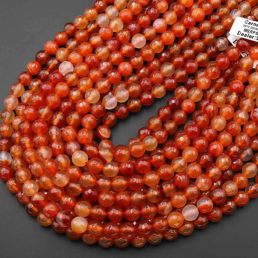 Faceted Natural Orange Red Carnelian 8mm Round Beads 15.5" Strand