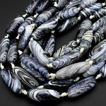 Matte Tibetan Agate Barrel Drum Cylinder Tube Beads Dzi Agate Black Gray White Antique Boho Beads 15.5" Strand