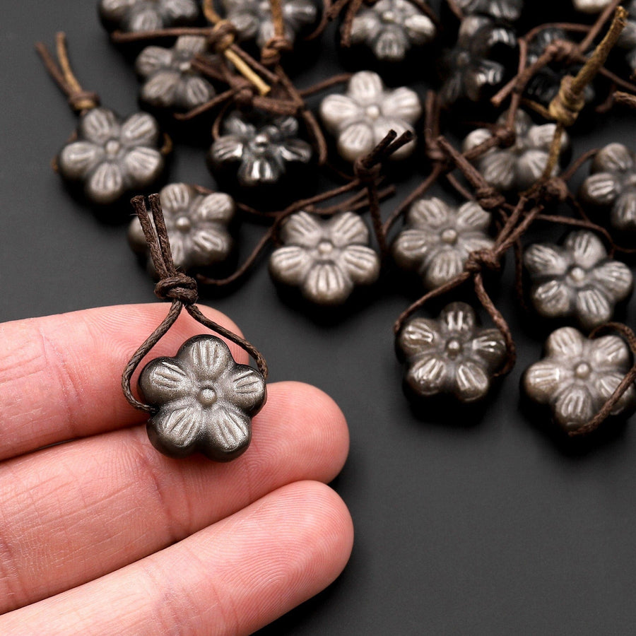 AAA Hand Carved Natural Silver Obsidian Cherry Blossom Flower Pendant Gemstone Focal Bead