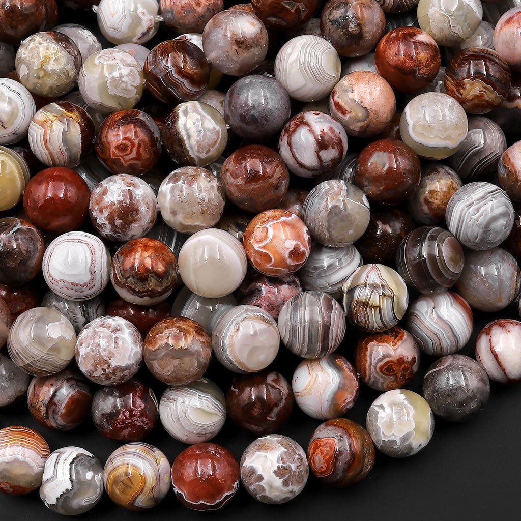 Natural Laguna Lace Agate 6mm 8mm 10mm Round Red Orange Cream Grey Beads From Mexico 15.5" Strand