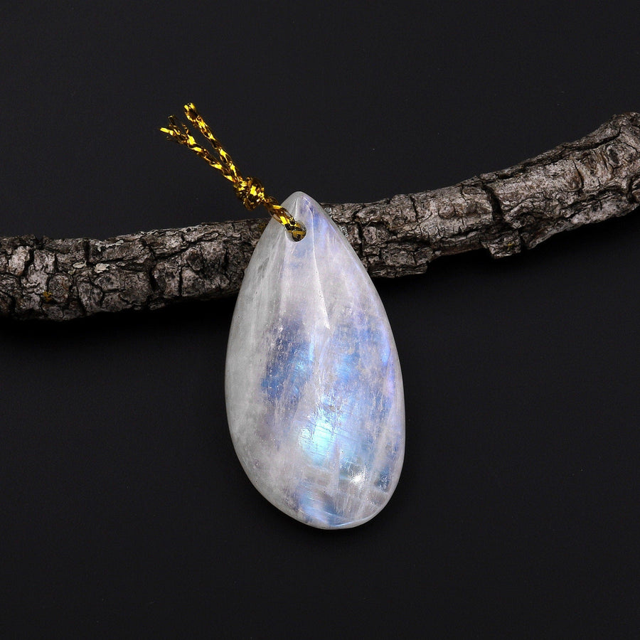 Natural Rainbow Moonstone Freeform Teardrop Pendant Drilled Gemstone Focal Bead