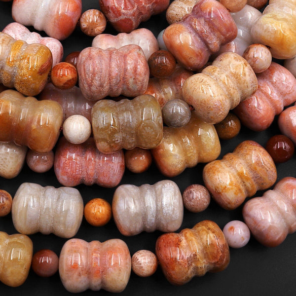 Carved Natural Vibrant Pink Orange Red Golden Fossil Coral Beads Barrel Drum Gemstone 14.5" Strand