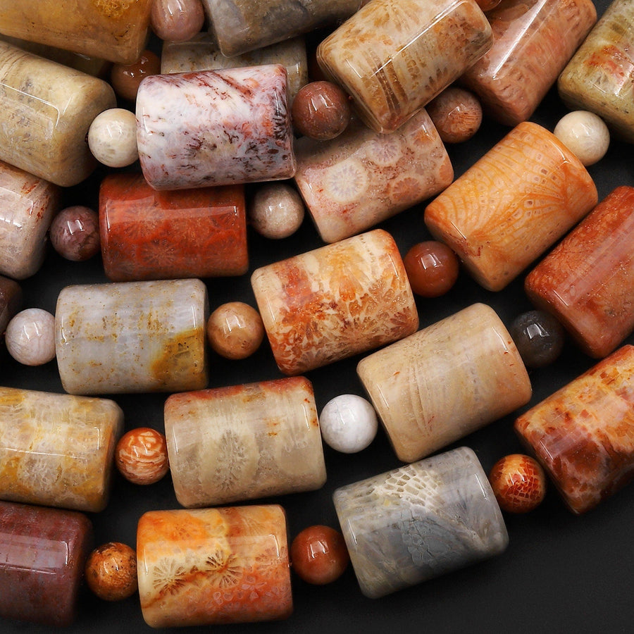 Natural Orange Red Fossil Coral Beads Tube Cylinder Gemstone 15.5" Strand