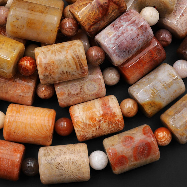 Natural Orange Red Fossil Coral Beads Tube Cylinder Gemstone 15.5" Strand
