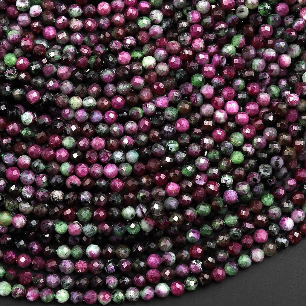 Faceted Natural Red Ruby Green Zoisite 2mm 3mm Round Beads Laser Diamond Cut Gemstone 15.5" Strand