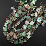 Large Natural Bicolor Brown Green Chrysoprase Square Beads Hand Cut Freeform 15.5" Strand