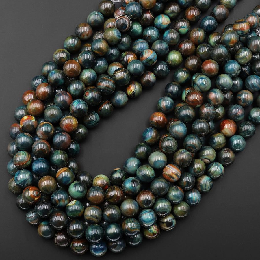 Teal Green Blue Sunset Orange Aqua Terra Agate 10mm Round Beads 14" Strand