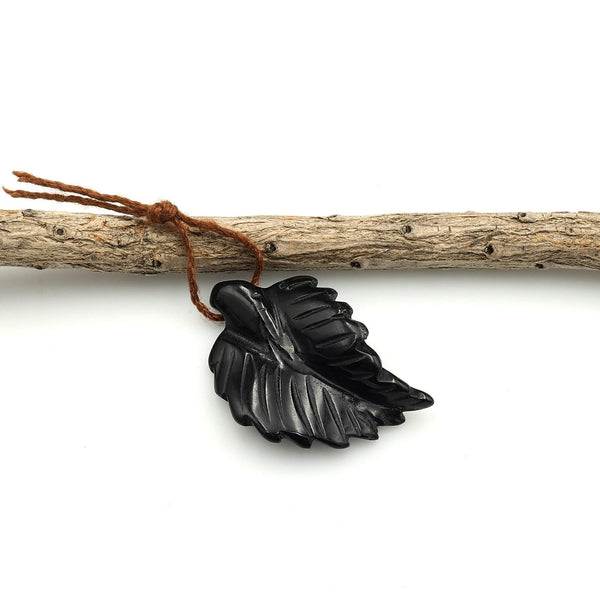 Hand Carved Natural Black Onyx Leaf Pendant Bead Drilled Gemstone