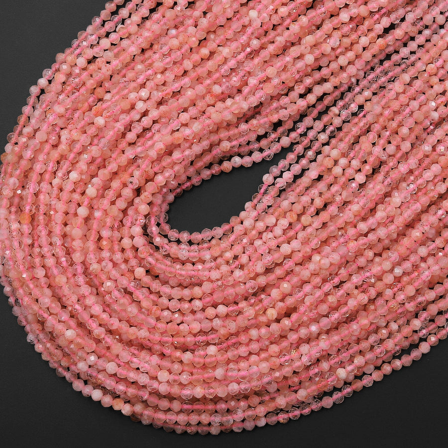 Faceted Natural Pink Rose Quartz 2mm 3mm Round Beads Micro Diamond Cut Gemstone 15.5" Strand