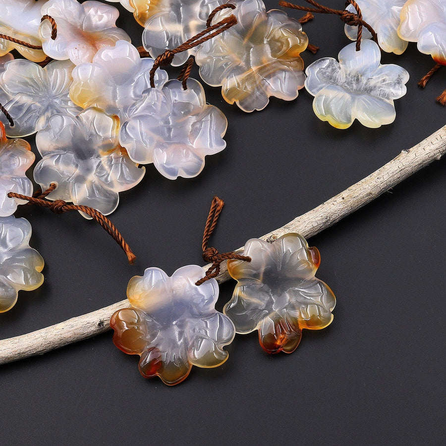 Hand Carved Natural Carnelian Flower Earring Pair Drilled Translucent Gemstone Matched Beads