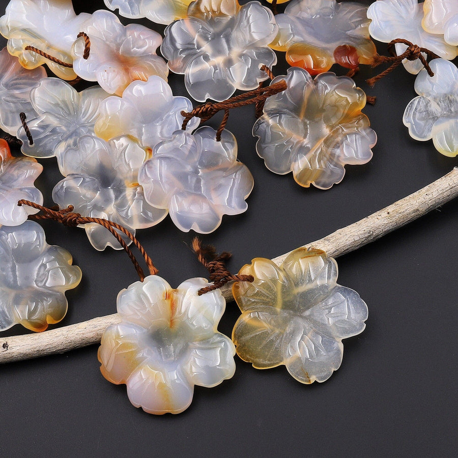 Hand Carved Natural Carnelian Flower Earring Pair Drilled Translucent Gemstone Matched Beads A3