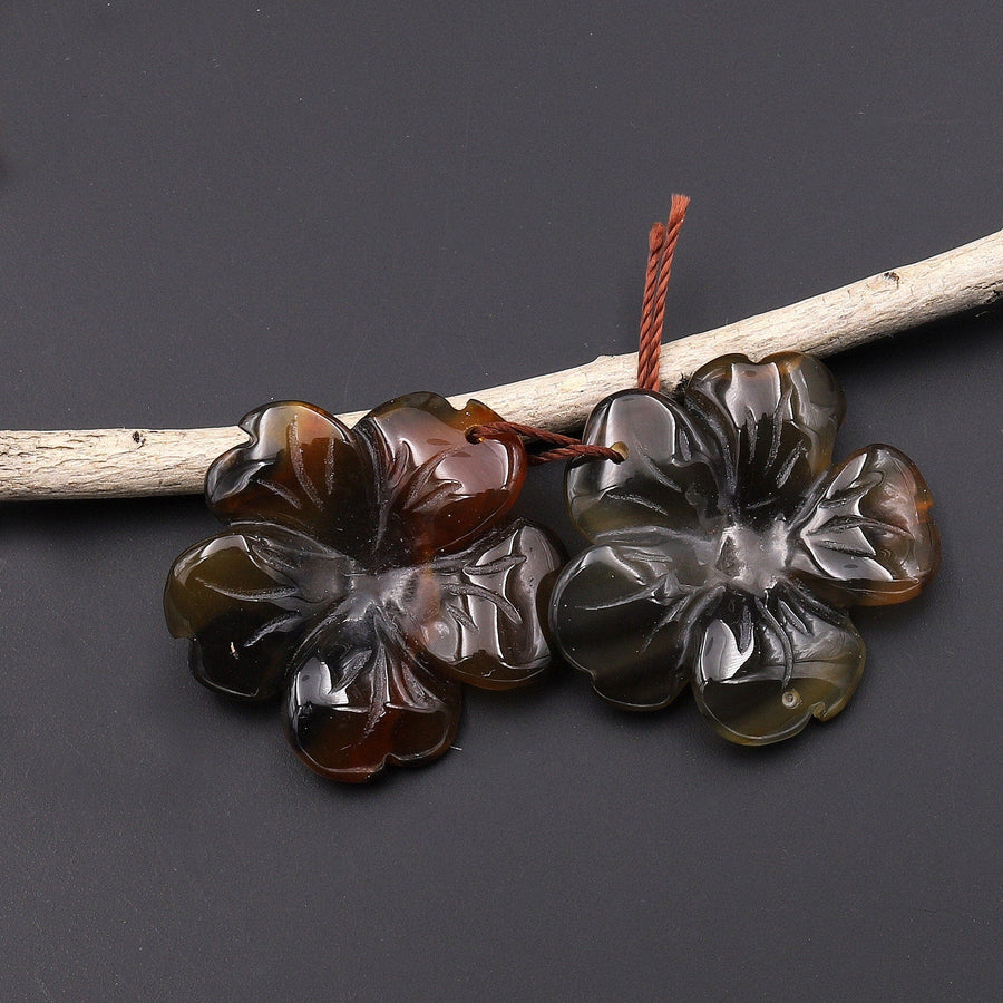 Hand Carved Natural Dark Carnelian Flower Earring Pair Drilled Gemstone Matched Beads