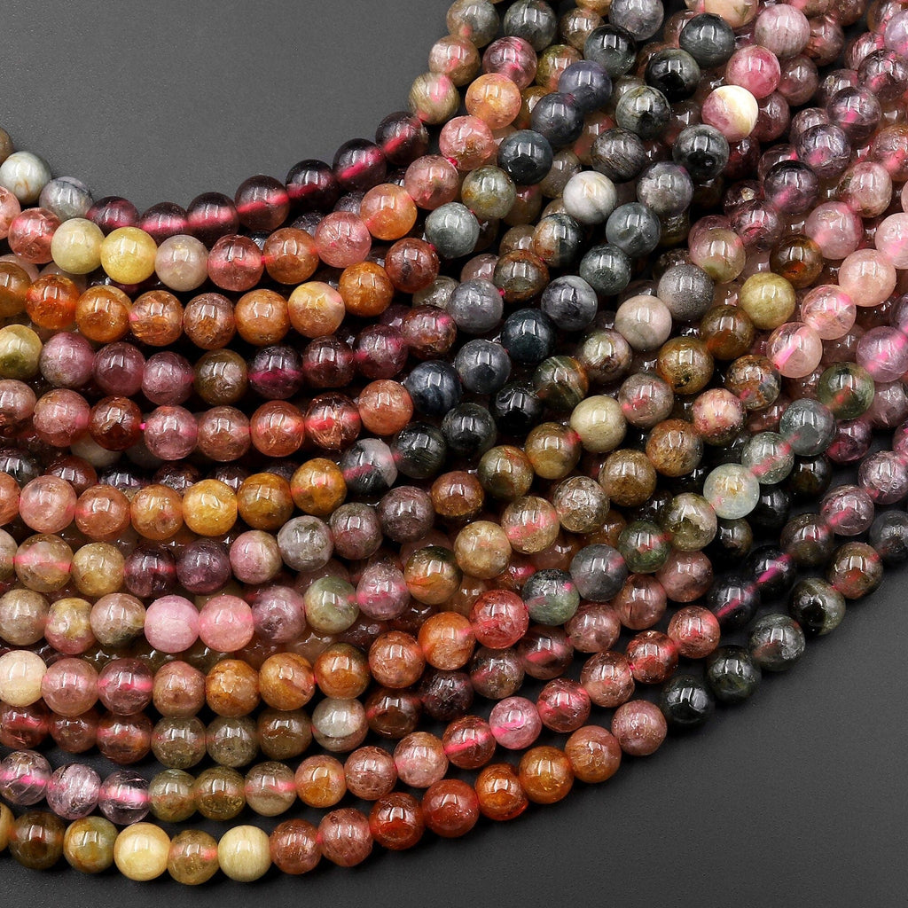 Natural Multicolor Pink Green Golden Coganic Tourmaline 4mm Smooth Round Beads 15.5" Strand